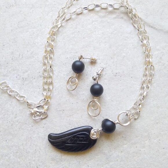 Carved Black Onyx Wing Necklace & Earring Set - Stress Bereavement & Protection - Picture 1 of 10
